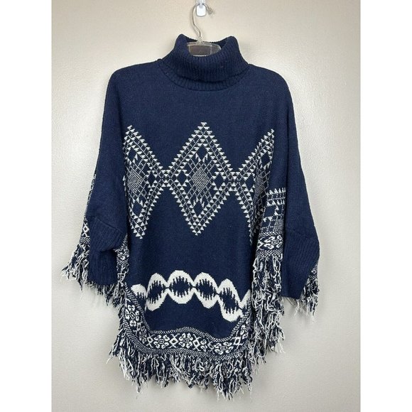AZ Cape Poncho With Sleeves Navy With Boho Aztec Design - Picture 15 of 15